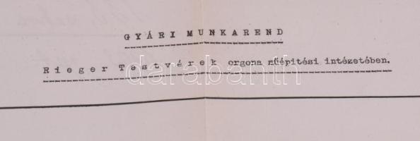 1903 Gyári munkarend a Rieger Testvérek orgona műépítési intézetében, 32,5x33,5 cm