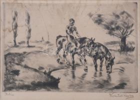 Kernstok Károly jelzéssel: Itatás. Rézkarc, papír, foltos, üvegezett fakeretben. 20x29 cm