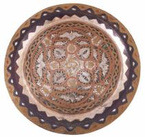 Többszínű réz dísztál, kopással, d: 29 cm