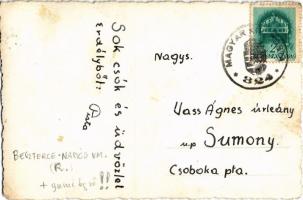 Beszterce, Bistritz, Bistrita; utcakép, templom / street view, church. photo + "Magyar Kir. pos...