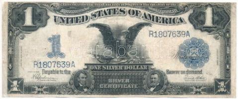 Amerikai Egyesült Államok 1899. 1$ "Silver Certificate", "R1807639A" sorszámmal. Szign.: "Frank White" &amp; "Harley V. Speelman" T:F,VG, pici lyuk / USA 1899. 1 Dollar "Silver Certificate", with "R1807639A" serial number. Sign.: "Frank White" &amp; "Harley V. Speelman " C:F,VG, tiny hole Krause P#338