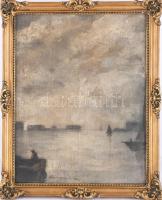 Ferenczy K jelzéssel: Kikötő. Olaj, vászon, kartonon. Üvegezett, kissé sérült fakeretben. 36x28 cm.