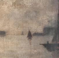 Ferenczy K jelzéssel: Kikötő. Olaj, vászon, kartonon. Üvegezett, kissé sérült fakeretben. 36x28 cm