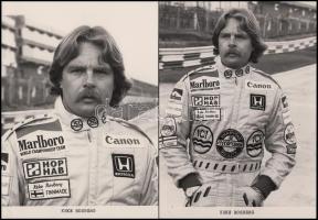 Forma-1-es versenyzőket ábrázoló fotók, feliratozva (Keke Rosberg, Alain Prost, Niki Lauda), 4 db fotó + gépelt szöveg, 20×14,5 cm