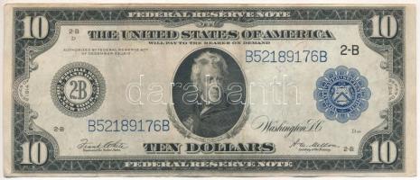 Amerikai Egyesült Államok 1921-1928. (1914) 10$ "B52189176B" "Federal Reserve Note - nagyméretű, kék pecsét, "Frank White - Andrew Mellon" T:F erős papír / USA 1921-1928. (1914) 10 Dollars "B52189176B" "Federal Reserve Note - Large-size, blue seal, "Frank White - Andrew Mellon" C:F strong paper Krause P#360