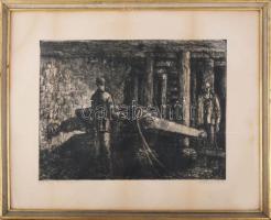 Stettner Béla (1928-1984): Gép frontfejtésben. Rézkarc, papír, jelzett, lapszéli néhány kevés apró folttal, üvegezett fakeretben, 29,5×39 cm