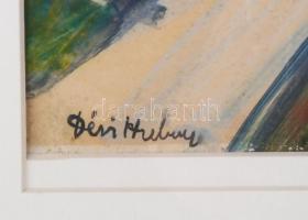 Dési Huber jelzéssel: Színes utca. Vegyes technika, papír. Lapszéli szakadással. Üvegezett fakeretbe...