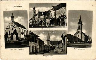1942 Beszterce, Bistritz, Bistrita; Mussolini utca, görög katolikus templom, Magyar utca, református templom / street, Greek Catholic and Calvinist churches (Rb)