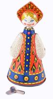 Népi ruhás táncoslány retro lemezjáték, kulccsal, nem működik, h: 15 cm