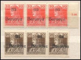 Baranya I 1919 Károly 10f és 20f 1-1 hármascsíkban, benne antikva évszámok, Bodor vizsgálójellel (10f rozsdafolt / stain, 15f betapadás / gum disturbance)