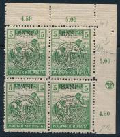 Kolozsvár 1919 Arató 5f ívsarki 4-es tömb, az ívszélen Napocska jelzéssel, Bodor vizsgálójellel