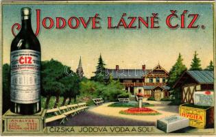 1936 Csíz, Csízfürdő, Kúpele Cíz; Jodové Lázne Cíz, Cízská Jodová Voda a Soli / Csízi Jód-bróm-fürdő, forrásvíz és só reklám / Iodine-bromine spa advertisement (vágott / cut)