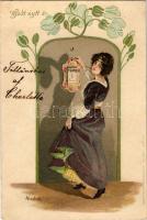 Godt Nytt Ar. "Erika" No. 961. / New Year greeting art postcard. litho s: Mailick (apró lyukak / tiny pinholes)