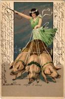 Buon Capo d'anno / New Year greeting art postcard, lady with pigs. "Erika" No. 530. litho s: Mailick (gyűrődések / creases)