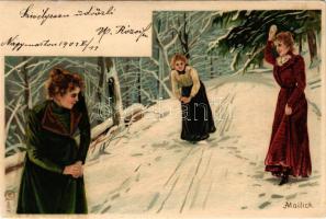 New Year lady greeting art postcard. litho s: Mailick (vágott / cut)