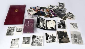 cca 1950-1990 Kolozsvári Grandpierre Emil (1907-1992) író, műfordító, kritikus hagyatékából származó fotók, összesen 97 db (a képek többségén szerepel az író), vegyes méretben és állapotban + 1977 "A Munka Érdemrend arany fokozata" kitüntetése, nevére szóló adományozó oklevéllel (a kitüntetés tokja megviselt állapotban)