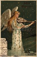 1902 Fröhliche Weihnachten / Christmas angel with violin greeting art postcard. litho s: Mailick (EB)