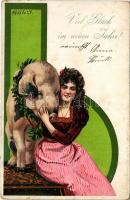 Viel Glück im neuen Jahre! / New Year greeting art postcard, lady with pig. "Erika" No. 579. litho s: Mailick (EK)