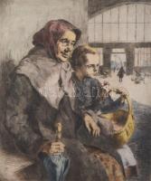 Bajor Ágost (1892-1958): Várakozás. Színezett rézkarc, papír, jelzett, lap alján ázásnyomokkal, üvegezett fakeretben, hátoldali üveg repedt, 36×29,5 cm