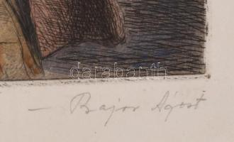 Bajor Ágost (1892-1958): Várakozás. Színezett rézkarc, papír, jelzett, lap alján ázásnyomokkal, üveg...