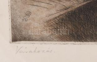 Bajor Ágost (1892-1958): Várakozás. Színezett rézkarc, papír, jelzett, lap alján ázásnyomokkal, üveg...