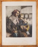 Bajor Ágost (1892-1958): Várakozás. Színezett rézkarc, papír, jelzett, lap alján ázásnyomokkal, üveg...