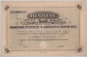 1922. Budapest "Magyar Nemzeti Gazdasági Bank R.T." részvénye 500K-ról, szelvényekkel, szárazpecséttel T:XF