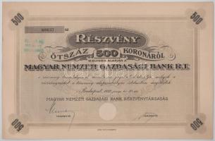 1922. Budapest "Magyar Nemzeti Gazdasági Bank R.T." részvénye 500K-ról, szelvényekkel, szárazpecséttel T:XF