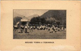 Reggeli torna a táborban. Kiadja a Csehszlovák Köztársaság cserkész-szövetségének kassai 5. sz. magyar fiú cserkész raja / Hungarian scout camp, boy scouts morning workout (felületi sérülés / surface damage)