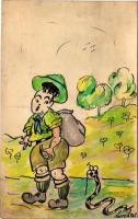 1938 Losonc, Lucenec; Kézzel rajzolt egyedi magyar cserkész művészlap / Hungarian boy scout art postcard, hand-drawn s: Livó László + "A Madách Imre cserkészcsapat táborparancsnoksága" (fl)