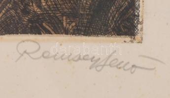 Remsey Jenő (1885-1970): Folyópart. Rézkarc, papír, jelzett, lapszéli ázásnyomokkal, üvegezett faker...