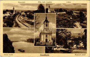 1939 Rácalmás, utca részlet, Római katolikus templom, látkép, Dunai részlet, Rezucsek penzió (EK)