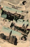 1911 Győr, Karácsonyi üdvözlet Győrből. Rába részlet, Széchenyi tér, Városháza. Szecessziós keret angyalkákkal, Art Nouveau (kopott sarkak / worn corners)