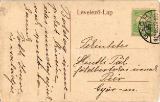 1911 Győr, Karácsonyi üdvözlet Győrből. Rába részlet, Széchenyi tér, Városháza. Szecessziós keret an...