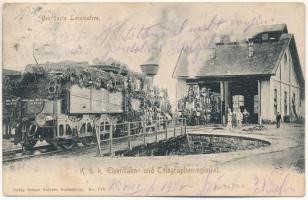 1905 Korneuburg, K.u.K. Eisenbahn- und Telegrafenregiment, Bekränzte Lokomotiven. Johann Lederer / railway statiton, garlanded locomotive, K.u.K. Railway and Telegraph Regiment (Rb)