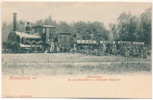 Korneuburg, Materialzug. K.u.K. Eisenbahn u. Telegrafen-Regiment. Verlag J. L. / Cs. és kir. vasúti és távirati ezred, tábori vasút, gőzmozdony, vonat / Austro-Hungarian Railway and Telegraphy Regiment, K.u.K. soldiers, field railway, locomotive, train