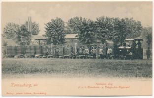 1905 Korneuburg, Feldbahn-Zug. K.u.K. Eisenbahn u. Telegrafen-Regiment. Verlag J. L. / Cs. és kir. vasúti és távirati ezred, tábori vasút, gőzmozdony, vonat / Austro-Hungarian Railway and Telegraphy Regiment, K.u.K. soldiers, field railway, locomotive, train