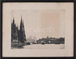 Zádor István (1882-1963): Budapesti látkép a Dunával és hajókkal, 1925. Rézkarc, papír, jelzett a karcon, 24,5×34 cm