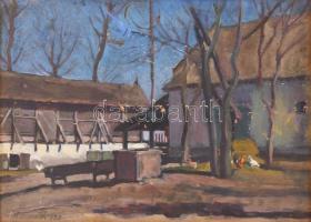 Husvéth Lajos (1896-1956): Napfényes udvar, 1920. Olaj, fa. Jelzett.Apró felületi sérülésekkel. Dekoratív fakeretben. 15x20 cm