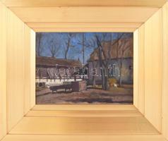 Husvéth Lajos (1896-1956): Napfényes udvar, 1920. Olaj, fa. Jelzett.Apró felületi sérülésekkel. Deko...