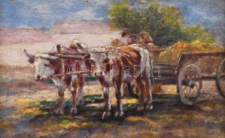 Jelzés nélkül, XX. sz. első fele: Szekér. Olaj, fa. Hátoldalán G Németh Pál bélyegzéssel. Dekoratív fakeretben. 10,5x16,5 cm