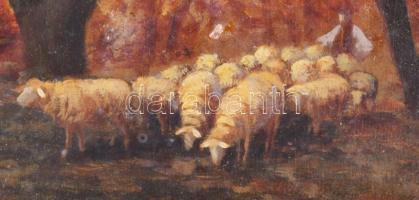 Németh Béla Bertalan (1856-?): Juhász nyájával. Olaj, rétegelt falemez. Jelezve jobbra lent. Dekorat...