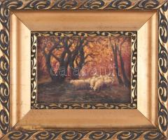 Németh Béla Bertalan (1856-?): Juhász nyájával. Olaj, rétegelt falemez. Jelezve jobbra lent. Dekorat...