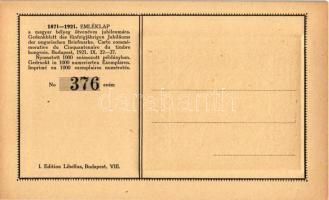 100 korona. 1871-1921 emléklap a magyar bélyeg ötvenéves jubileumára. Nyomtatott 1000 számozott péld...