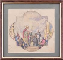 Jelzés nélkül, feltehetően XIX. sz.vége/XX. sz. eleje: Jelenet (freskó- vagy üvegablakterv). Akvarell, papír. Üvegezett fakeretben. 20x25 cm