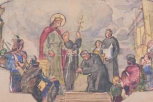 Jelzés nélkül, feltehetően XIX. sz.vége/XX. sz. eleje: Jelenet (freskó- vagy üvegablakterv). Akvarel...