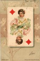 1903 Francia kártya, káró. / Diamonds card from French playing cards. Ferd. Piatnik &amp; Söhne Art Nouveau, litho