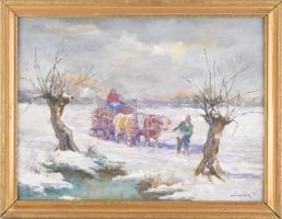 Kolozsváry Kamilló (1936-2008): Szekéren hazafelé. Olaj, vászon, kartonra kasírozva, jelzett. Dekoratív fakeretben, 29,5x39,5 cm