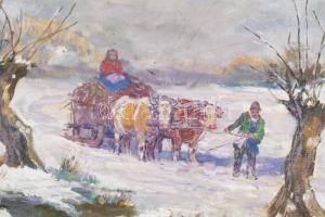 Kolozsváry Kamilló (1936-2008): Szekéren hazafelé. Olaj, vászon, kartonra kasírozva, jelzett. Dekora...