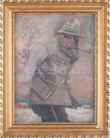 Jelzés nélkül: Pipázó. Olaj, karton. Sérült. Dekoratív, üvegezett, kissé sérült fakeretben, 31x23,5 cm